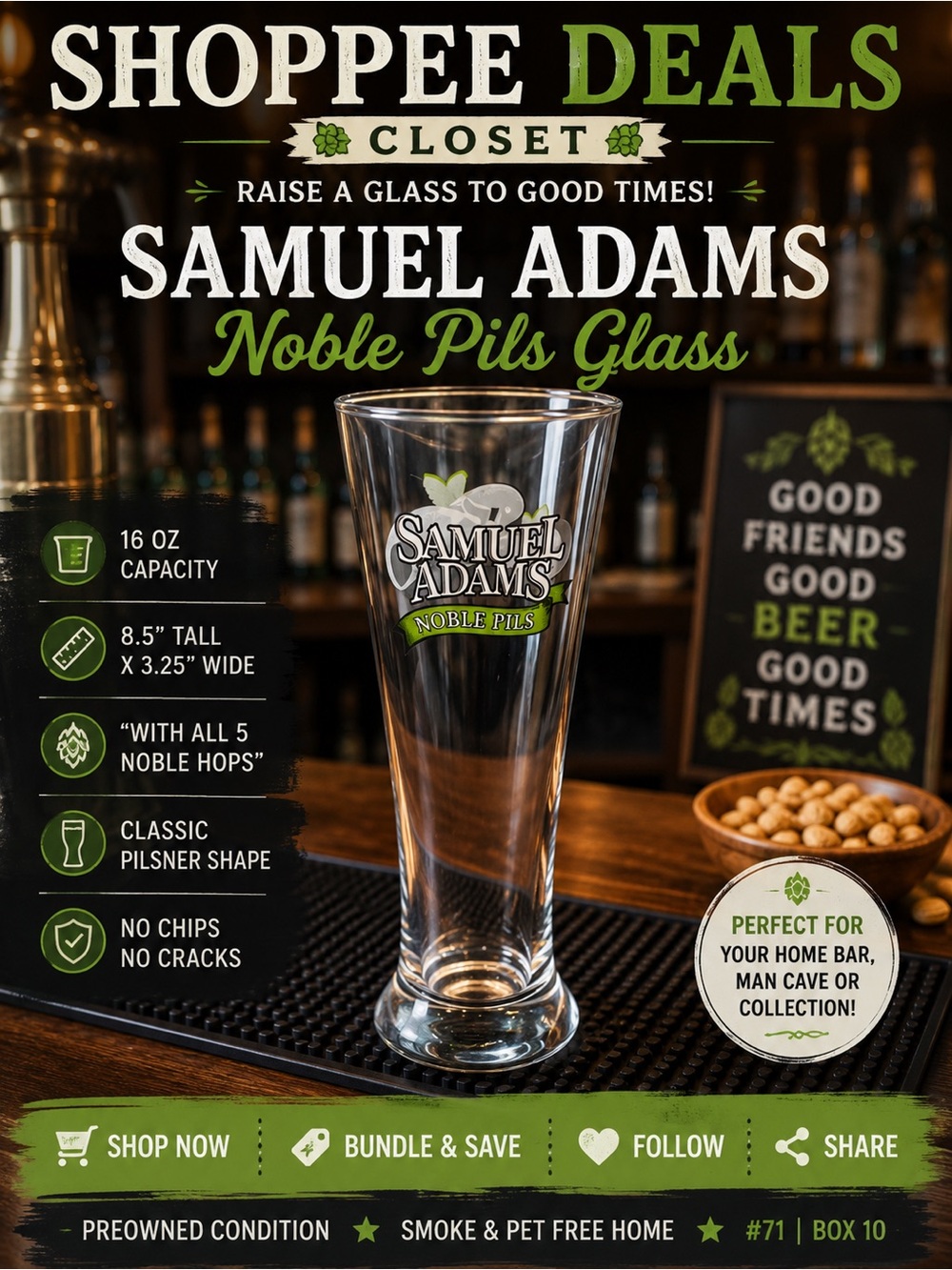 Samuel Adams Noble Pils 16 oz Pilsner Beer Glass 5 Noble Hops Barware